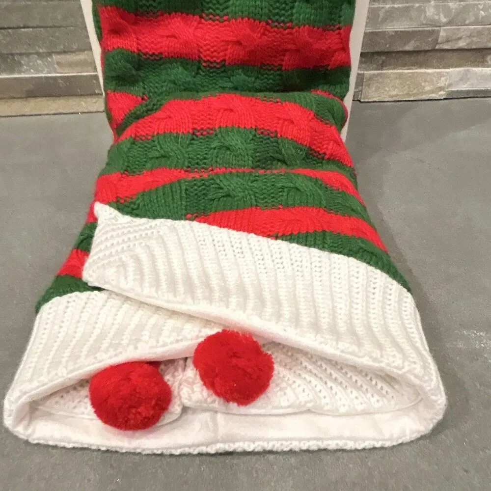 Ashland Christmas Tree Skirt Red Green White Striped Round 4 ft Pom Pom Trim